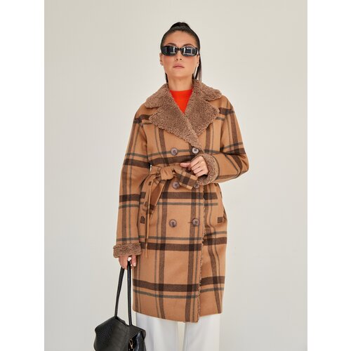 Пальто  Fidan демисезонное, шерсть, силуэт прямой, размер 50, бежевый, коричневый