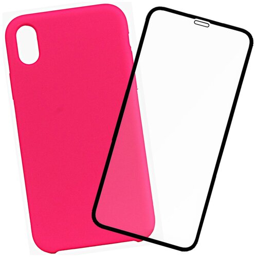 Силиконовый чехол Silicone Case для iPhone XR ярко-розовый, комплект со стеклом 3D Tiger Glass