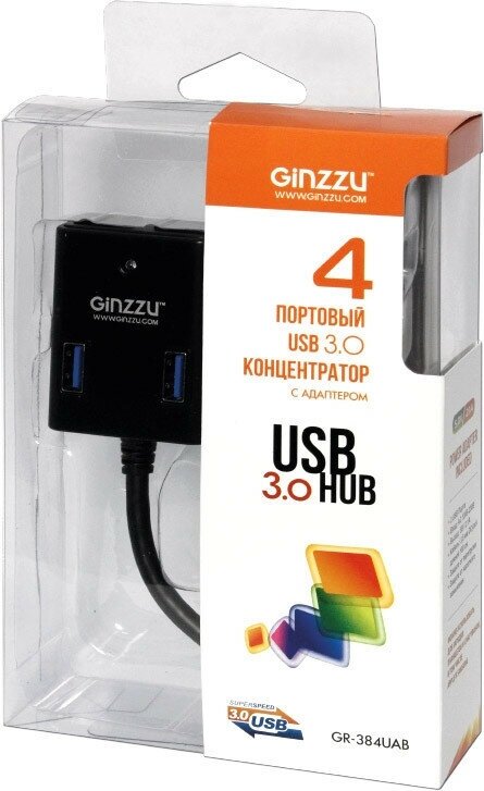 концентратор USB 3.0 Ginzzu GR-384UAB на 4 порта + адаптер - фото №13