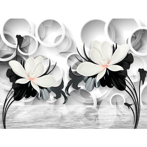 Моющиеся виниловые фотообои Цветы у воды черно-белое 3D, 400х300 см