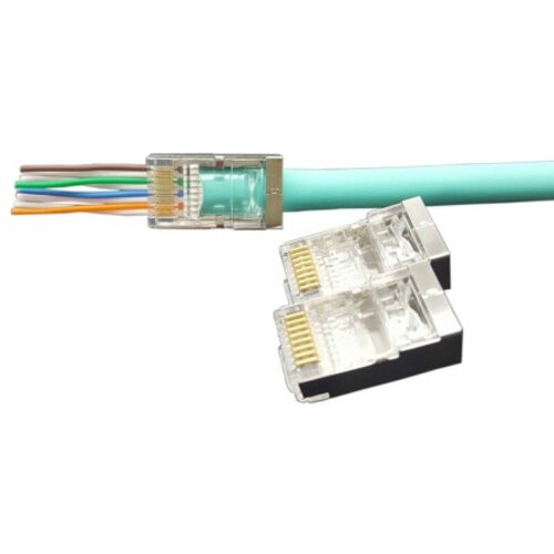 Коннектор Hyperline (PLEZ-8P8C-U-C6-SH-100) FTP кат.6 RJ45 прозрачный (упак:100шт) hyperline разъем легкой оконцовки rj 45 8p8c под витую пару 100 шт 403341