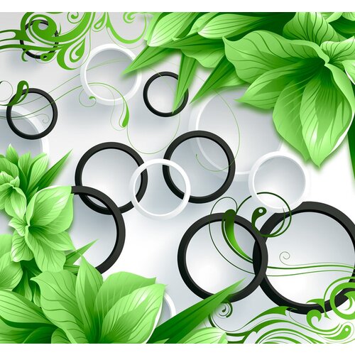 Моющиеся виниловые фотообои GrandPiK Зеленая трава и черно-белые кольца, 300х280 см