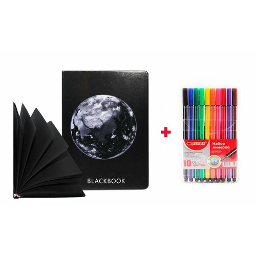 Подарочный набор: Скетчбук с черными листами / формат А5, 80 листов + 10 разноцветных линеров набор скетчбук с черными листами girl boss ручка
