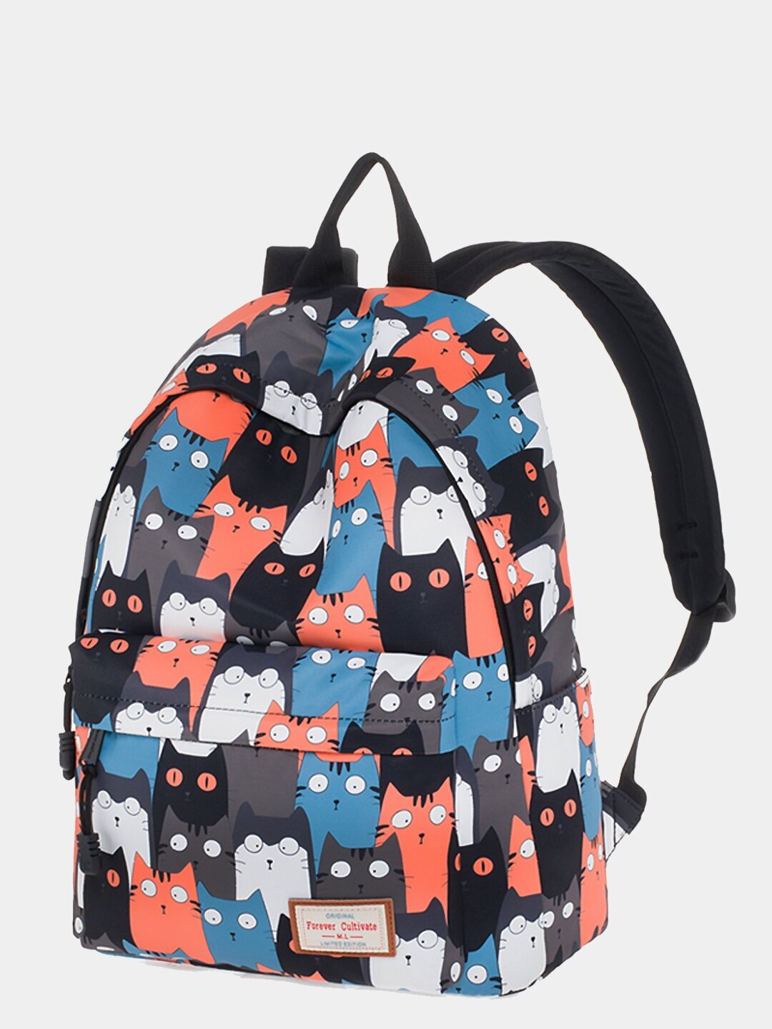 Рюкзак школьный Forever Cultivate 9012к5, для девочки, с влагозащитой, с котиками, оранжевый/черный/синий
