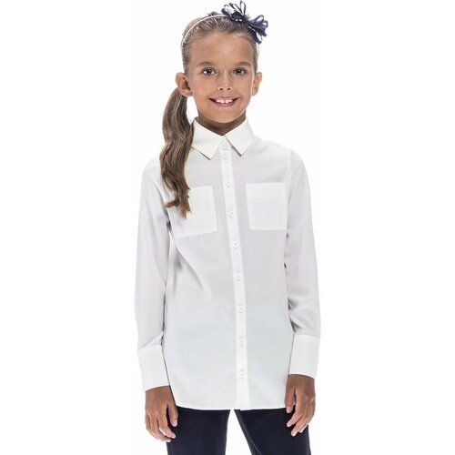 Блуза LETTY, полуприлегающий силуэт, на пуговицах, длинный рукав, манжеты, размер 128, белый