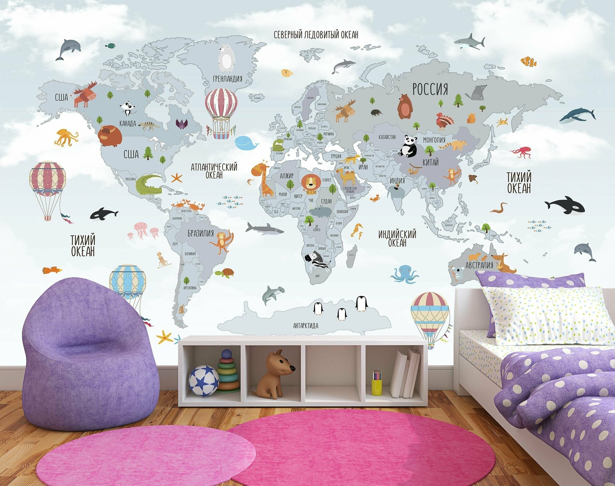 Фотообои флизелиновые на стену. Серия MAPS ARTDELUXE. Детская карта мира страны. Обои дизайнерские эксклюзивные для детской комнаты.
