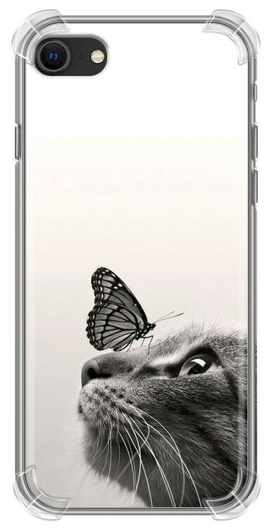Дизайнерский силиконовый с усиленными углами чехол для Айфон 7 / Айфон SE 2020 Кот и бабочка
