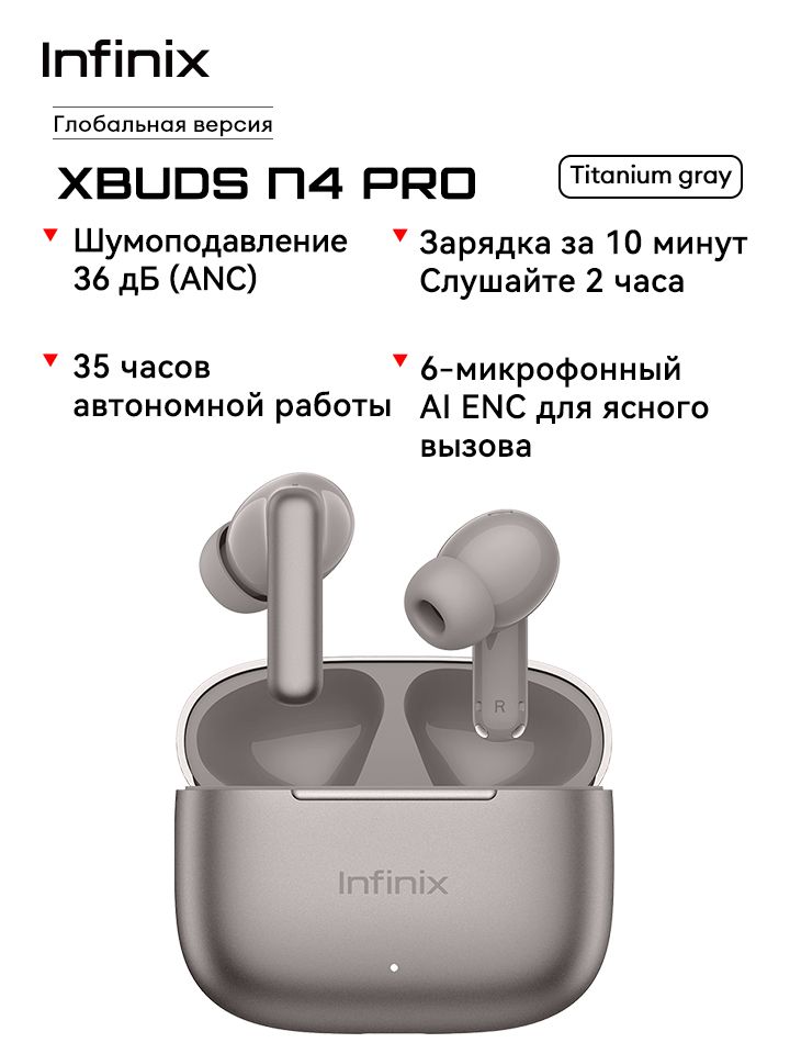 Infinix Наушники беспроводные с микрофоном Infinix XBuds N4 Pro, черно-серый