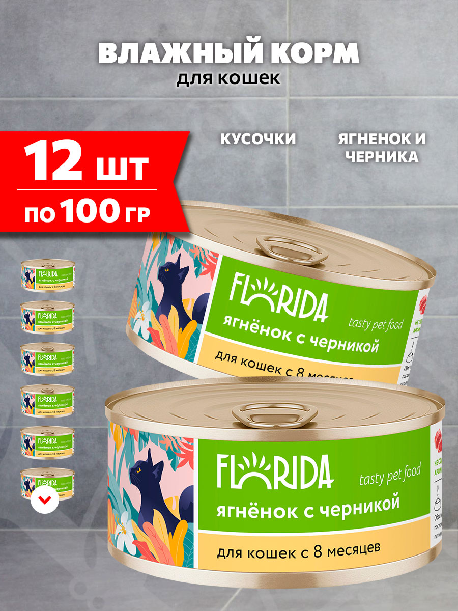 Корм влажный Florida для взрослых кошек, ягненок и черника, 100 г 12 шт