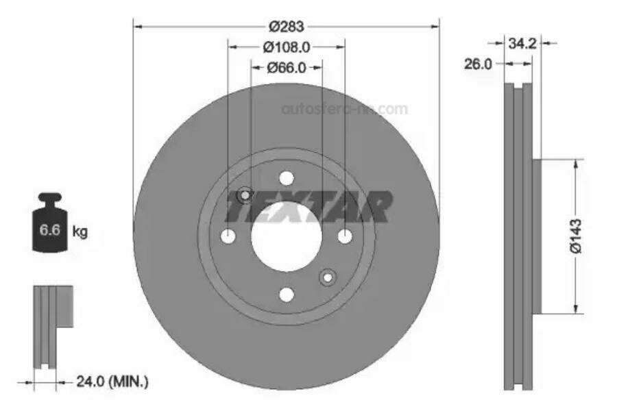 TEXTAR 92111603 Диск тормозной PEUGEOT 207/307/308/CITROEN C4/C5 перед. вент. 1 шт (min 2 шт)PRO с покрытием PRO