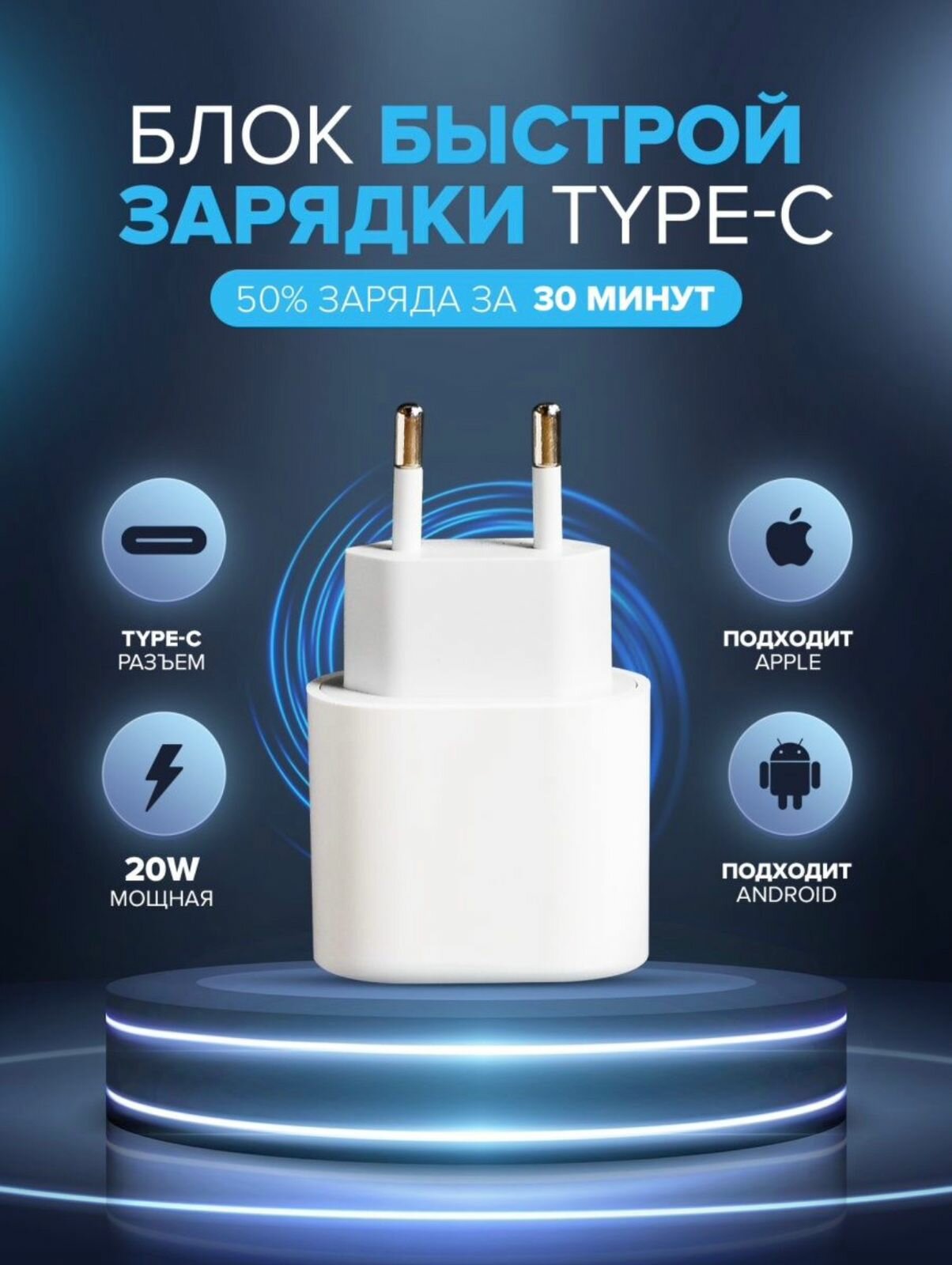 Быстрое сетевое зарядное устройство для Apple iPhone и iPad, разъем USB-C, 20W, Power delivery (PD)