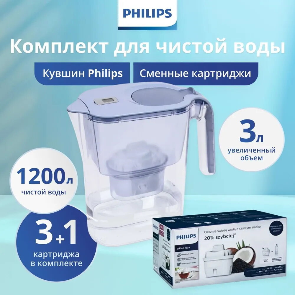 Кувшин для воды Philips AWP2936BLT/51, 3 л + набор картриджей Philips AWP211/51, 3 шт.
