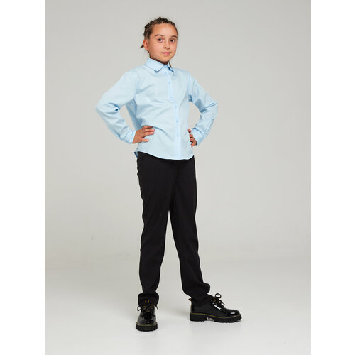 фото Школьная блуза kupifartuk, полуприлегающий силуэт, на пуговицах, длинный рукав, без карманов, однотонная, размер 146, голубой