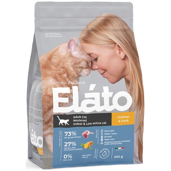 Корм сухой Elato Holistic для кастрированных котов, стерилизованных и малоактивных кошек, полнорационный, 300 гр
