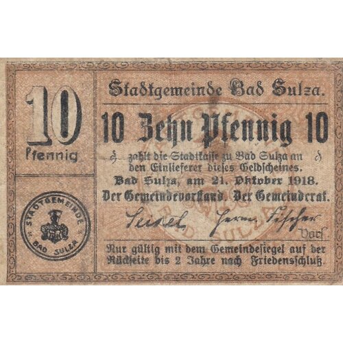 монета германия 10 пфеннигов 1918 год 4 9 Германия (Германская Империя) Бад-Зульца 10 пфеннигов 1918 г.