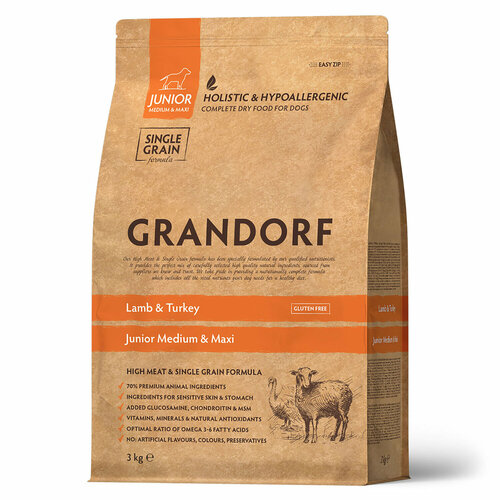 Сухой корм для юниоров всех пород GRANDORF. Ягненок - Индейка - Бурый рис. 3кг