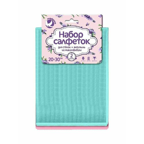 Голубушка Набор салфеток из микрофибры для стекол и зеркал+антипыль 20х30см
