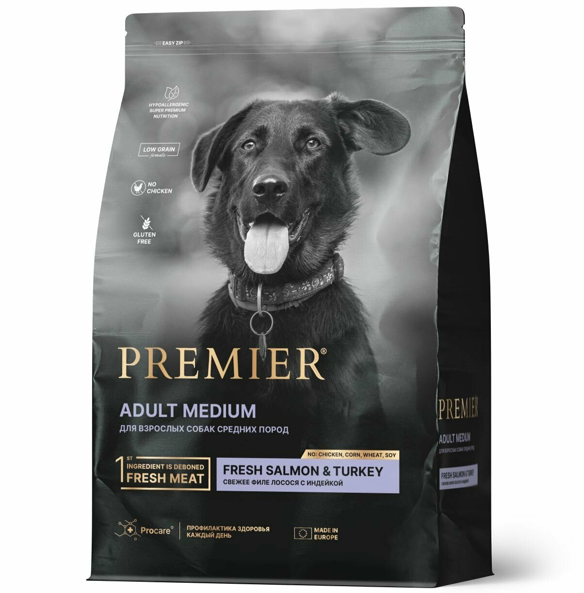 Сухой корм Premier для взрослых собак средних пород с нормальной активностью, чувствительной кожей и шерстью или склонных к аллергии, с лососем и индейкой, 3 кг