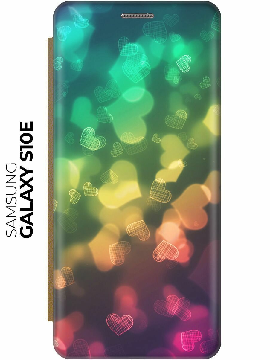Чехол-книжка Сердечки на Samsung Galaxy S10e / Самсунг С10е золотой