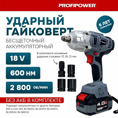 Аккумуляторный гайковерт бесщеточный ударный ProfiPower DWDTW-18V без акб 600Нм набор головок 171921мм в коробке 589000₽