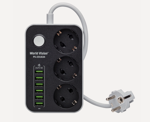 Изображение товара Сетевой фильтр World Vision PS-23U634 3 розетки и 6 USB портов 2м, чёрный