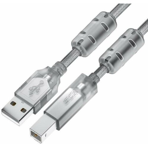 GCR Кабель PROF 2.0m USB 2.0, AM/BM, прозрачный, ферритовые кольца, 28/24 AWG, экран, армированный, морозостойкий, GCR-52425 кабель usb supra usb 2 0 a b 2 m