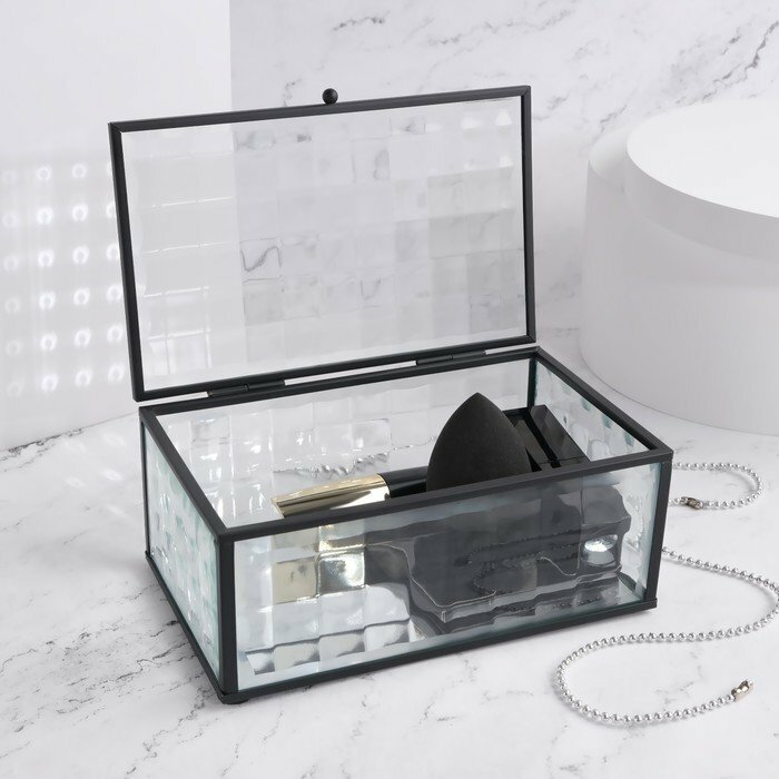 Органайзер для хранения «Square», 1 секция, с крышкой, стеклянный, с зеркальным основанием, 17 × 10,5 см, цвет прозрачный/чёрный (комплект из 2 шт)