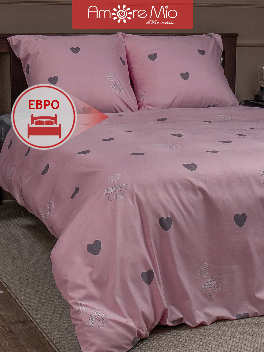 фото Постельное белье Amore Mio Макосатин Honey, комплект Евро, полисатин, микрофибра, серый, розовый с принтом сердечки