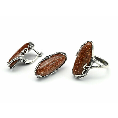 Комплект бижутерии: серьги, кольцо, авантюрин, размер кольца 18, коричневый