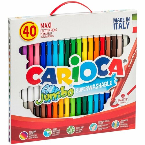 Фломастеры Carioca "Jumbo", 40шт, 36цв, утолщенные, смываемые, картон, с ручкой