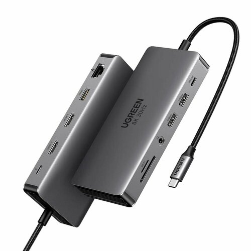 Хаб UGREEN CM681 (15965) Revodok 11-in-1 USB C Hub Dual HDMI. Цвет: серый адаптер многоцелевой airies adapter usb type c 10 in 1 3xusb 3 0 rj45 hdmi 4k vga sd card 3 5mm audio port pd зарядка до 100w для macbook pro air sc ush140