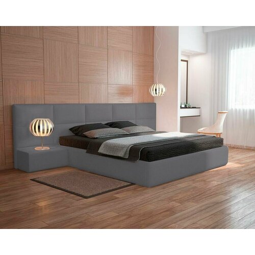Двуспальная кровать 160x200, Halcyon, с мягким изголовьем, с ящиком, велюр, серый