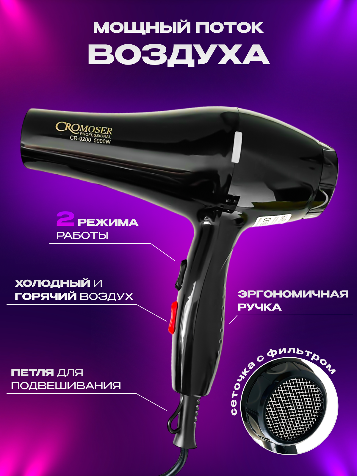 Фен для волос CROMOSER PROFESSIONAL CR-9300 - фотография № 2