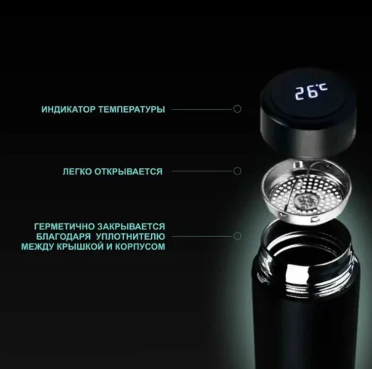 Термос с термометром, умный термос с датчиком температуры, синий — фото 1