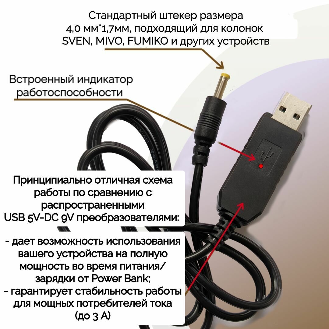 Кабель питания/зарядки от пауэрбанка для колонок SVEN, MIVO, Eltronic, FUMIKO и других устройств (9 вольт, USB - DC 4,0*1,7, 3А) - черный