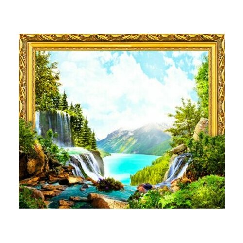 Алмазная мозаика на подрамнике 40х50 круглые стразы AN0697L Водопад в долине