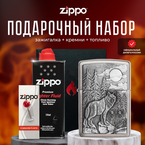 подарочный набор zippo зажигалка zippo 20855 classic серебристая с покрытием brushed chrome кремни топливо 125 мл Зажигалка ZIPPO Подарочный набор ( Зажигалка бензиновая Zippo 20855 Timberwolves + Кремни + Топливо 125 мл )