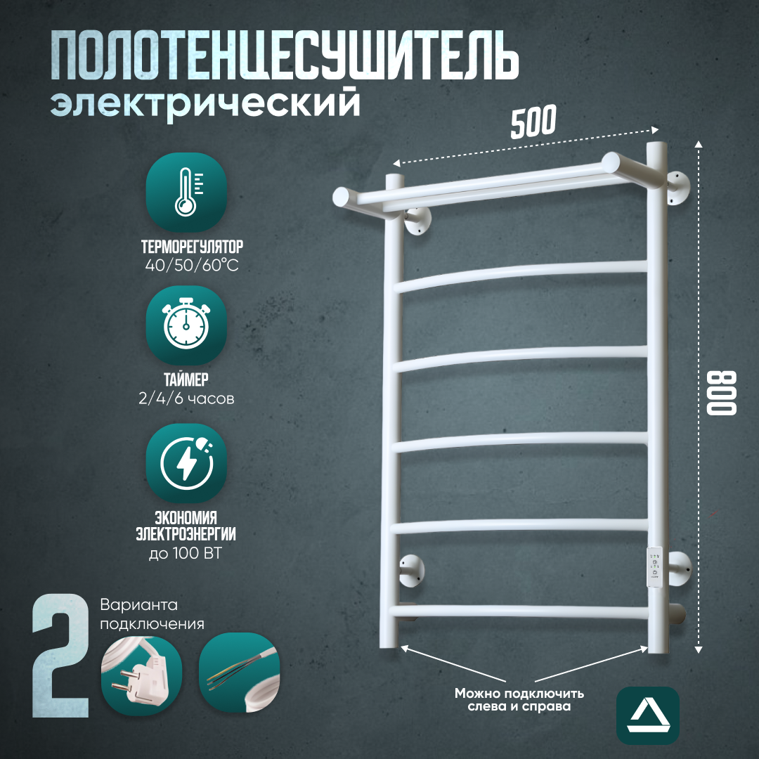 Полотенцесушитель электрический TermoPrime 500мм 800мм белый матовый, форма лесенка с полкой подключение слева / справа/ скрытое/ кабель с вилкой