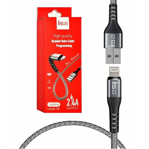 Кабель для зарядки и передачи данных USB Lightning ISA DC-G03 LUX 1м, 2.4A, алюминий/нейлон, серый кабель usb micro usb dc g03 алюминий нейлон 1м lux серый isa