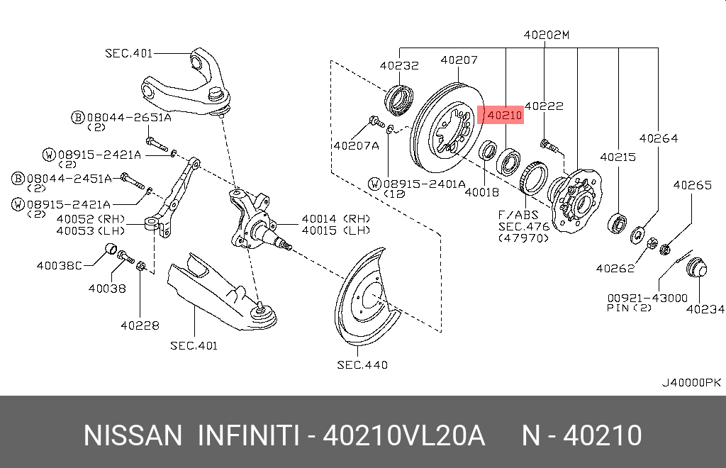 Подшипник ступицы колеса перед Nissan 40210-VL20A