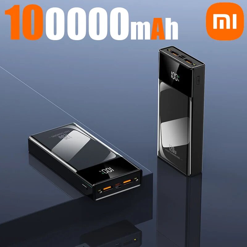 Power Bank большой емкости Xiaomi 120 Вт 100000 Портативное зарядное устройство Powerbank с быстрой зарядкой мАч для iPhone Samsung Huawei, Black 100000mAh