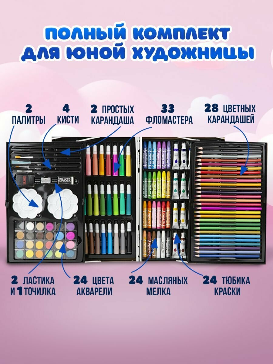 Набор для рисования и творчества в чемоданчике юного художника детский Play Okay - подарок девочке и мальчику 145 предметов — фото 1