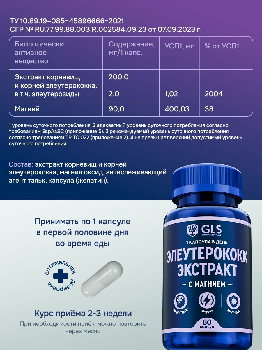 Картинки Элеутерококк + Магний, витамины / бад для мозга, продуктивности и энергии, 60 капсул