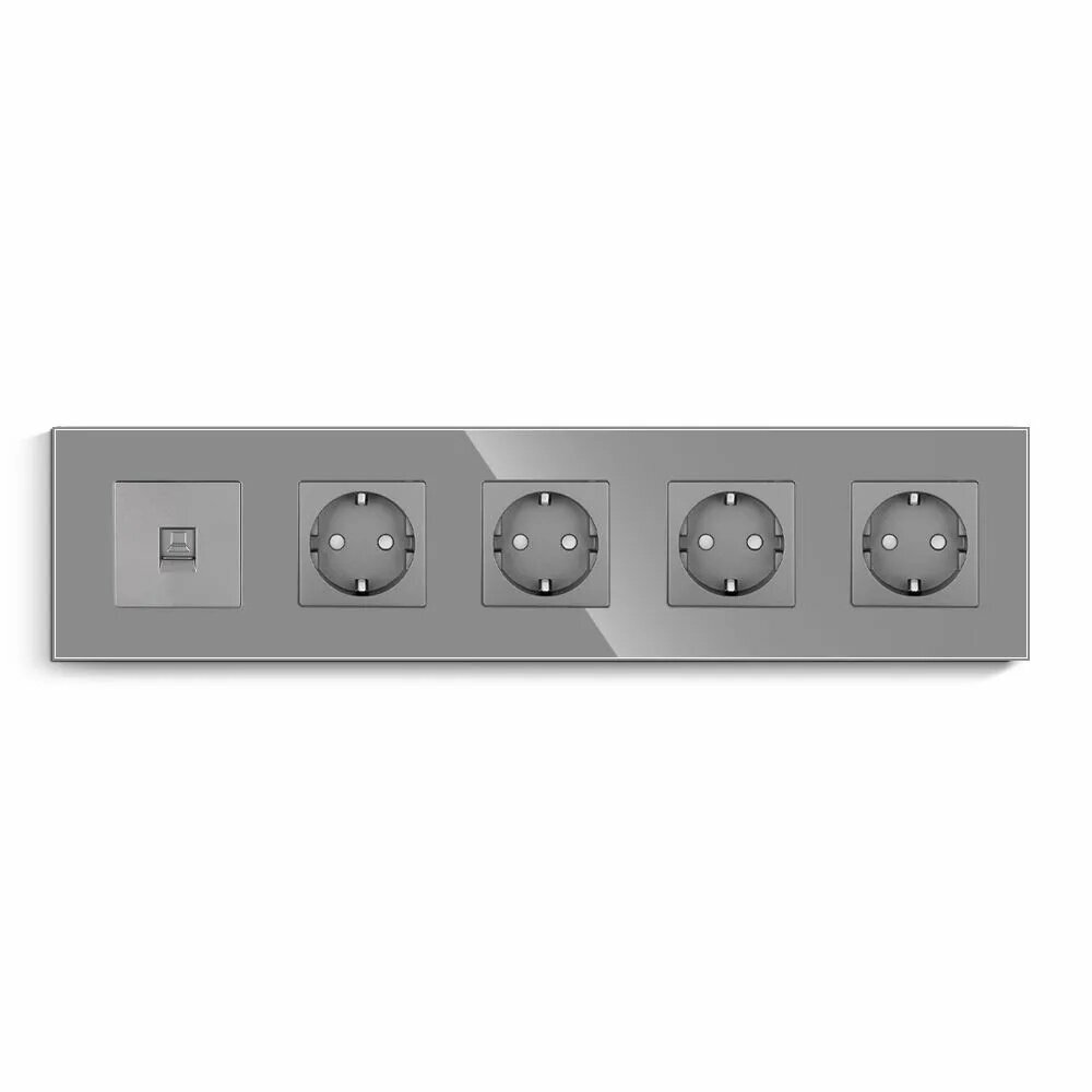 Розетка 5 поста с заземлением, с RJ45 розетки, cтекло серое