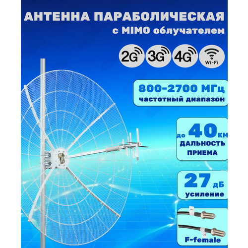 фото Антенна параболическая 3g/4g/wi-fi mimo 800-2700мгц, 27 дб, сборная, kroks kna27-800/2700p (f-female)