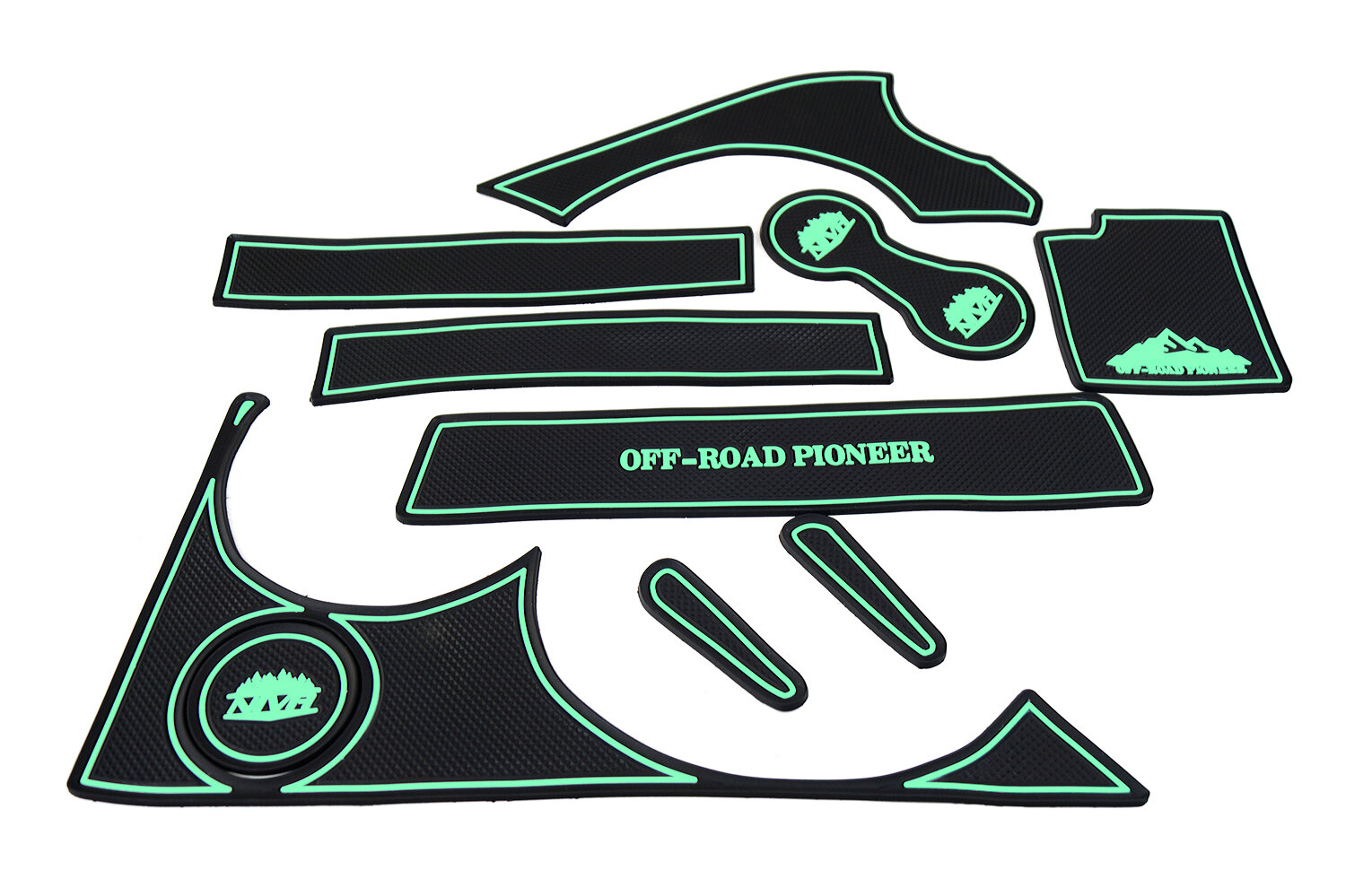 фото Комплект противоскользящих ковриков черных, белая окантовка, светящаяся в темноте Off-Road Pioneer на Шевроле Нива, Лада Нива Тревел