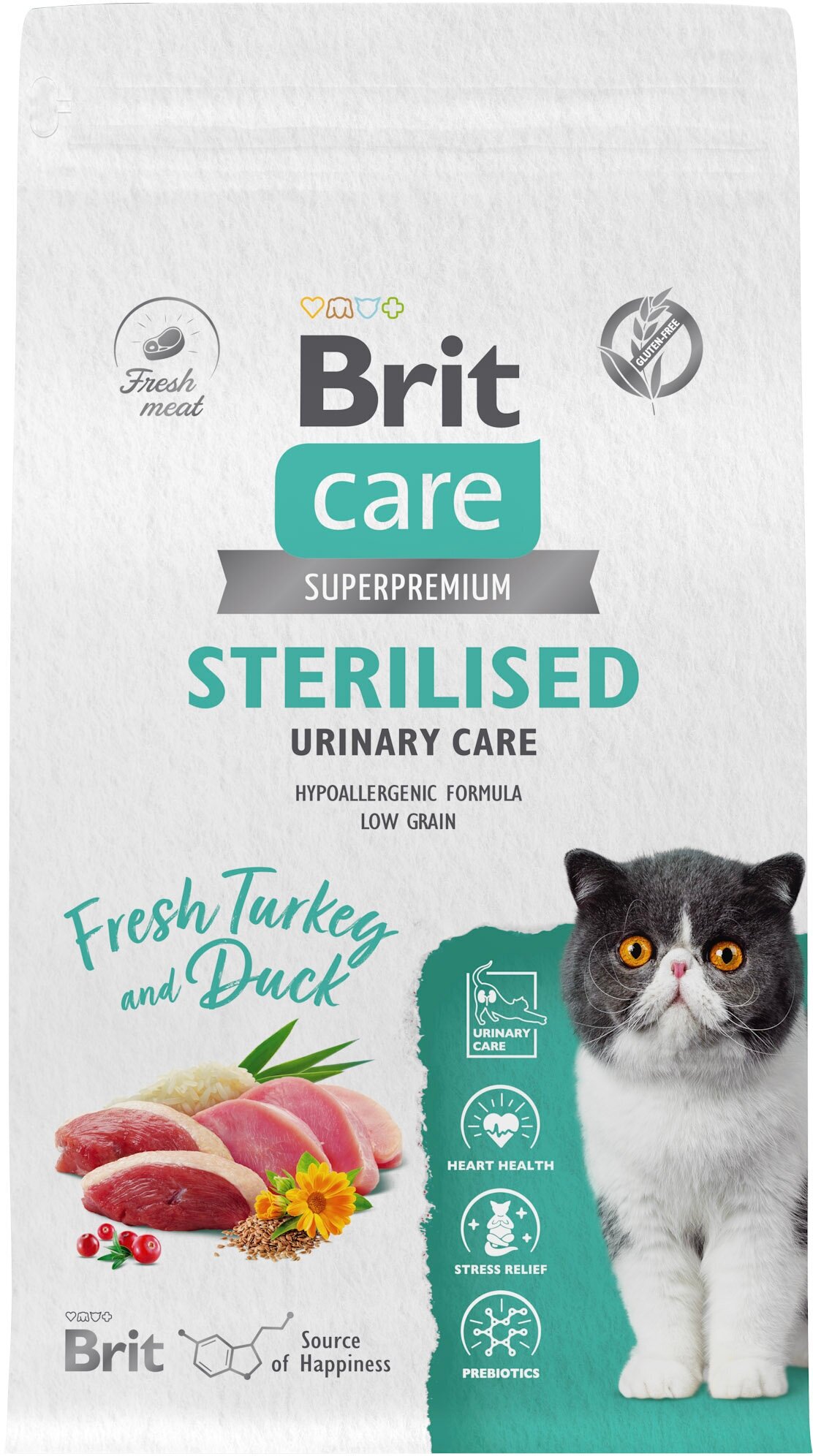 Сухой корм для стерилизованных кошек Brit Care Cat Sterilised Urinary Care , профилактика МКБ, с индейкой и уткой 1,5 кг - фотография № 2