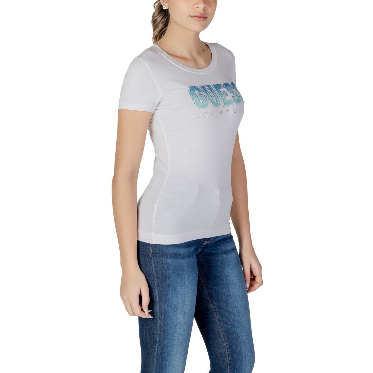 Футболка GUESS CN SS GLITTER DEGRADE LOGO TEE, размер L, белый — фото 1