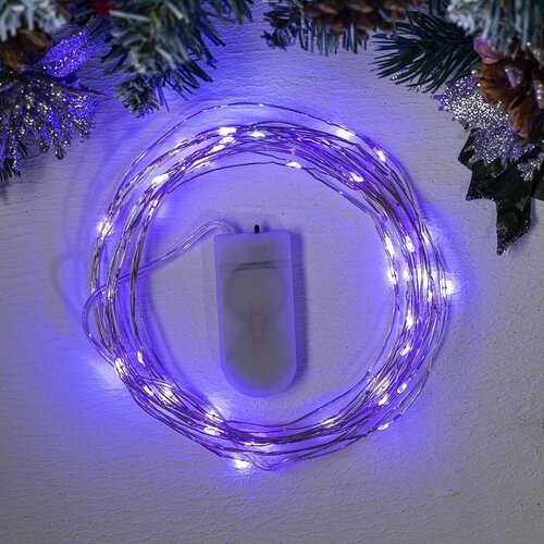 фото Luazon lighting гирлянда «нить» 5 м роса, ip20, серебристая нить, 50 led, батарейки cr2032х2 (в комплекте), свечение фиолетовое