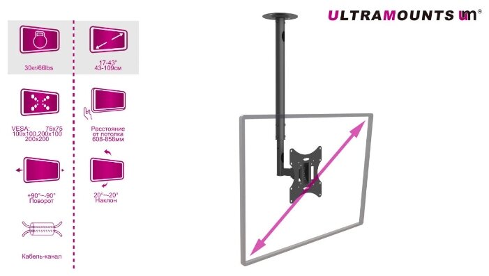 Кронштейн для телевизора Ultramounts черный 23"-42" макс.30кг потолочный поворот и наклон - фото №2